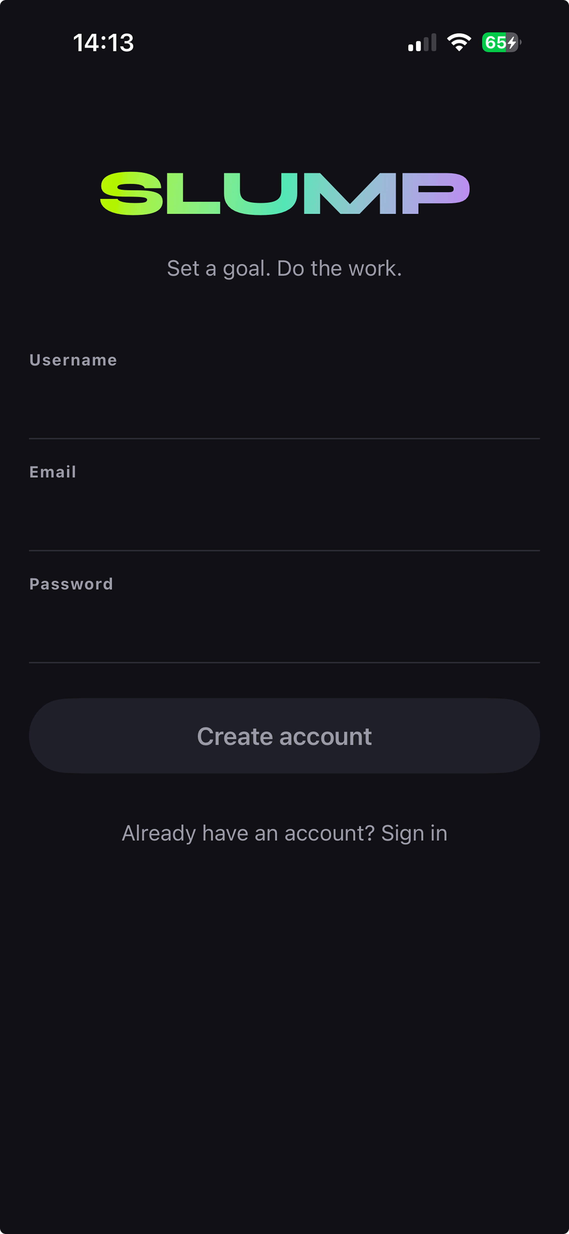 Old Slump welcome and account creation screen